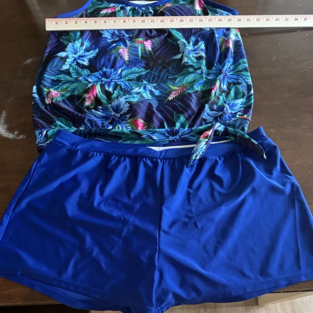 Women's Tropical Floral Tie Swimwear Set Blue Swim Shorts Plus Size 2XL 0100